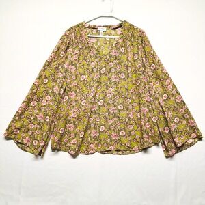 Jessica Simpson Green Pink Chintz Print Kimono Sleeves Pleated Swing Top Medium